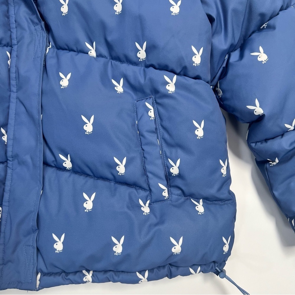 Playboy x Missguided Blue Logo Puffer Jacket Y2K Streetwear Size 8 Cropped Coat - Picture 3 of 9